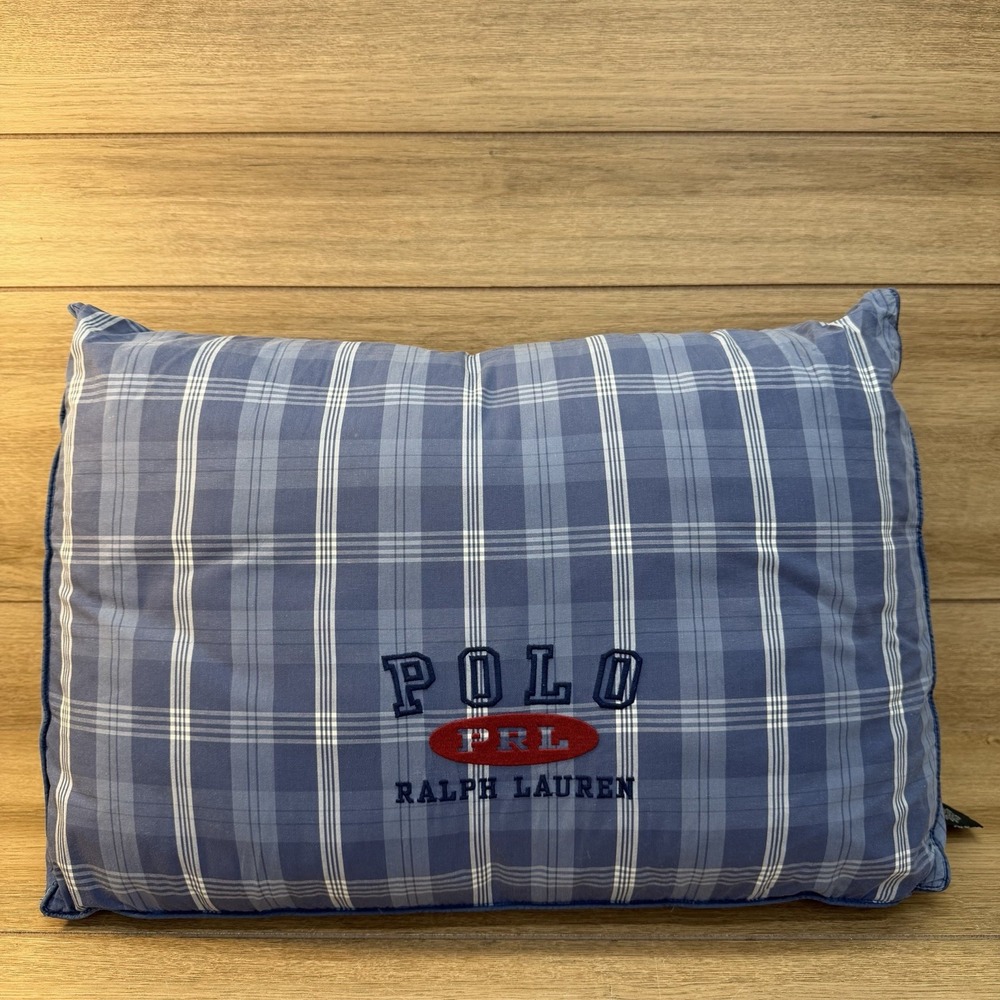 Ralph Lauren Polo PRL Tartan Plaid Pillow Wedge Bolster 20" x 14" Blue White